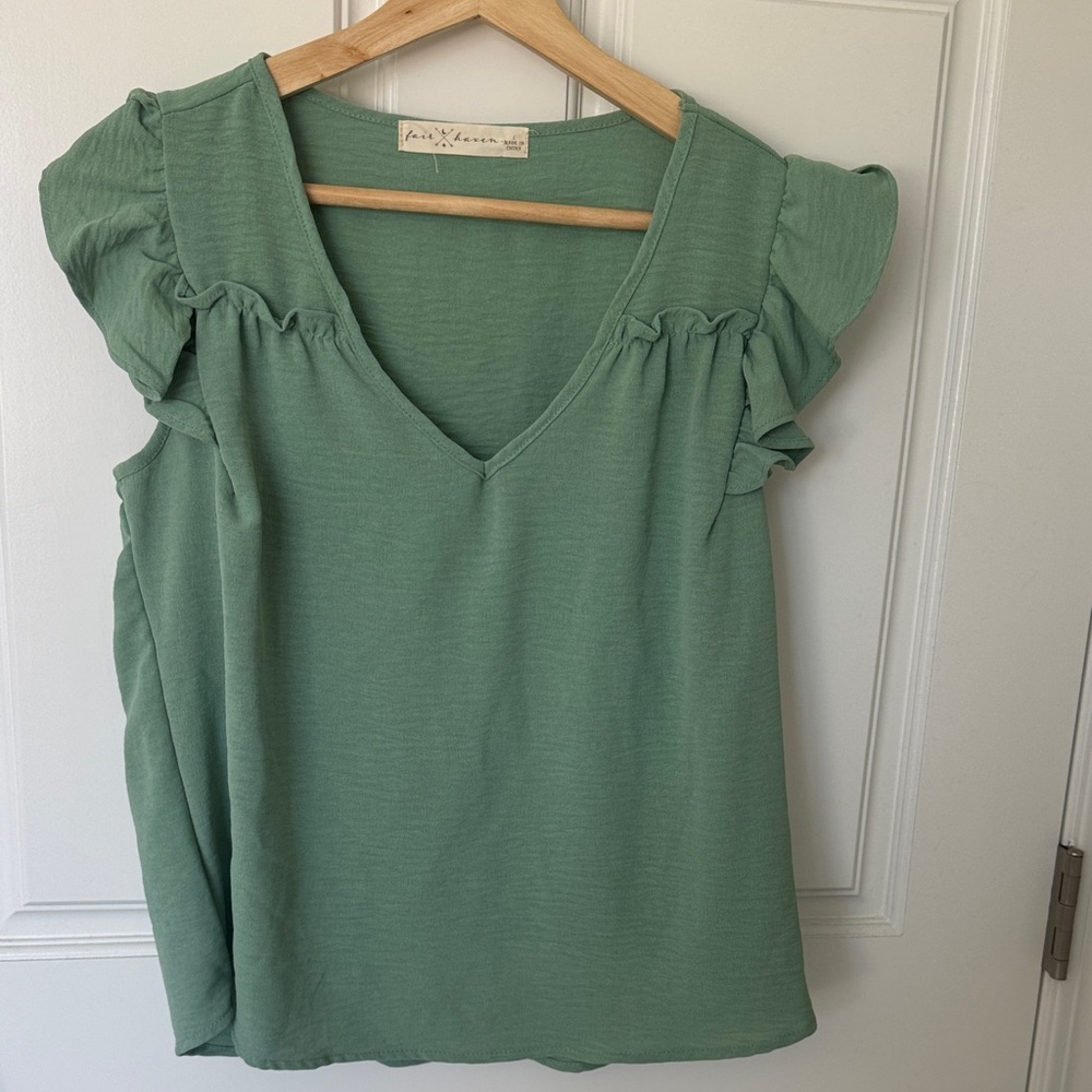 Fair Haven NWT Sage Green V-Neck Ruffle Sleeve Blouse